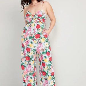 Tie-Shoulder Cropped Twist-Front Smocked Jumpsuit